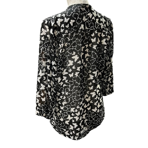 Charter Club Top Butterfly Black White Sheer Button-Front Blouse Women's M - Picture 6 of 12